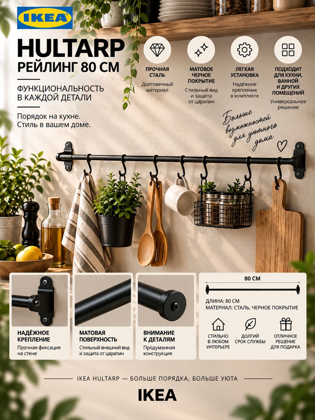 IKEA Рейлинг для кухни, ванной 80 см 1 предм. сталь черный-