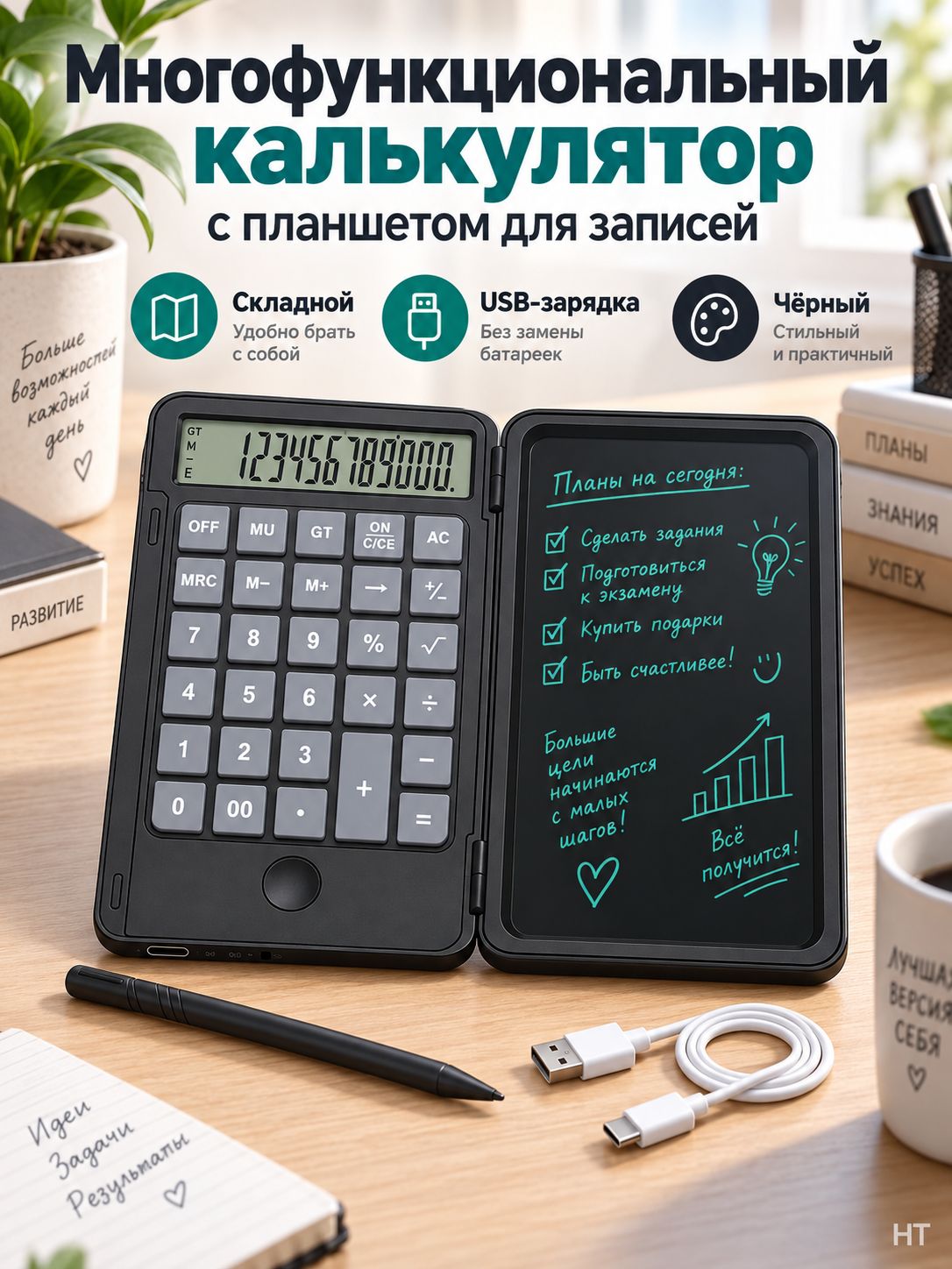 Многофункциональный калькулятор с клавиатурой для ввода текста, складной.
