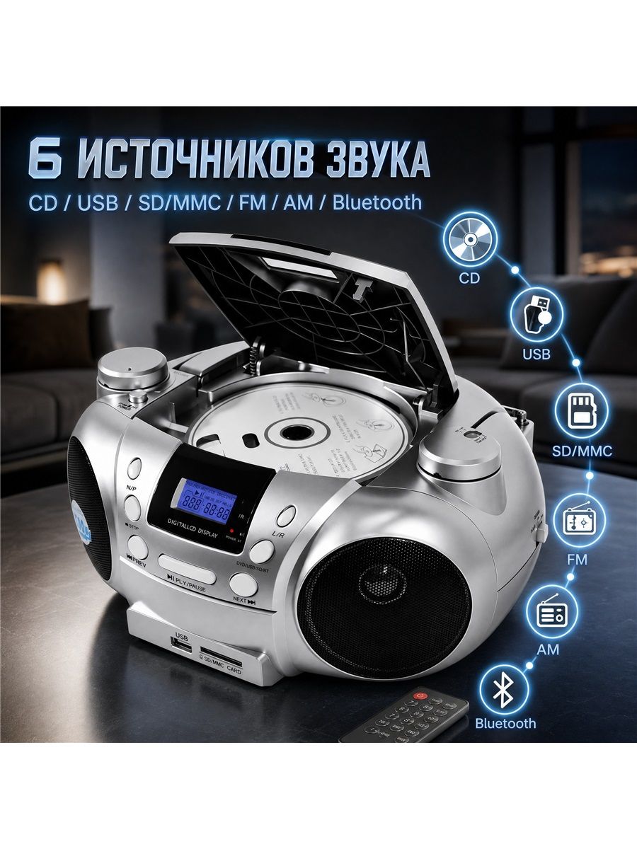 CD-проигрыватель компактный с пультом дистанционного управления, 6 режимов воспроизведения, стереоколонки для дома дачи студентов