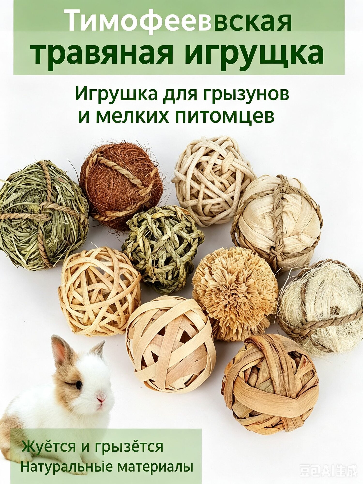 Мячики для грызунов и кроликов игрушка погрызушка для стачивания зубов из тимофеевки набор 3 шт