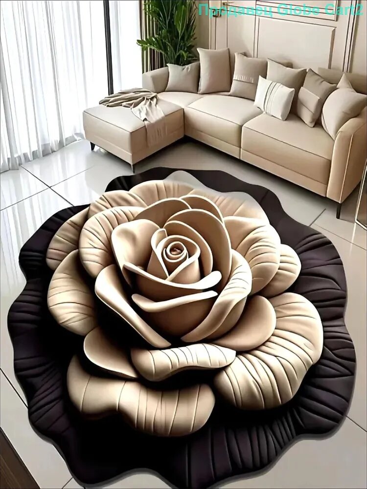 Ковер цветочной формы с узором подсолнухи, черный, полиэстер, противоскользящая основа