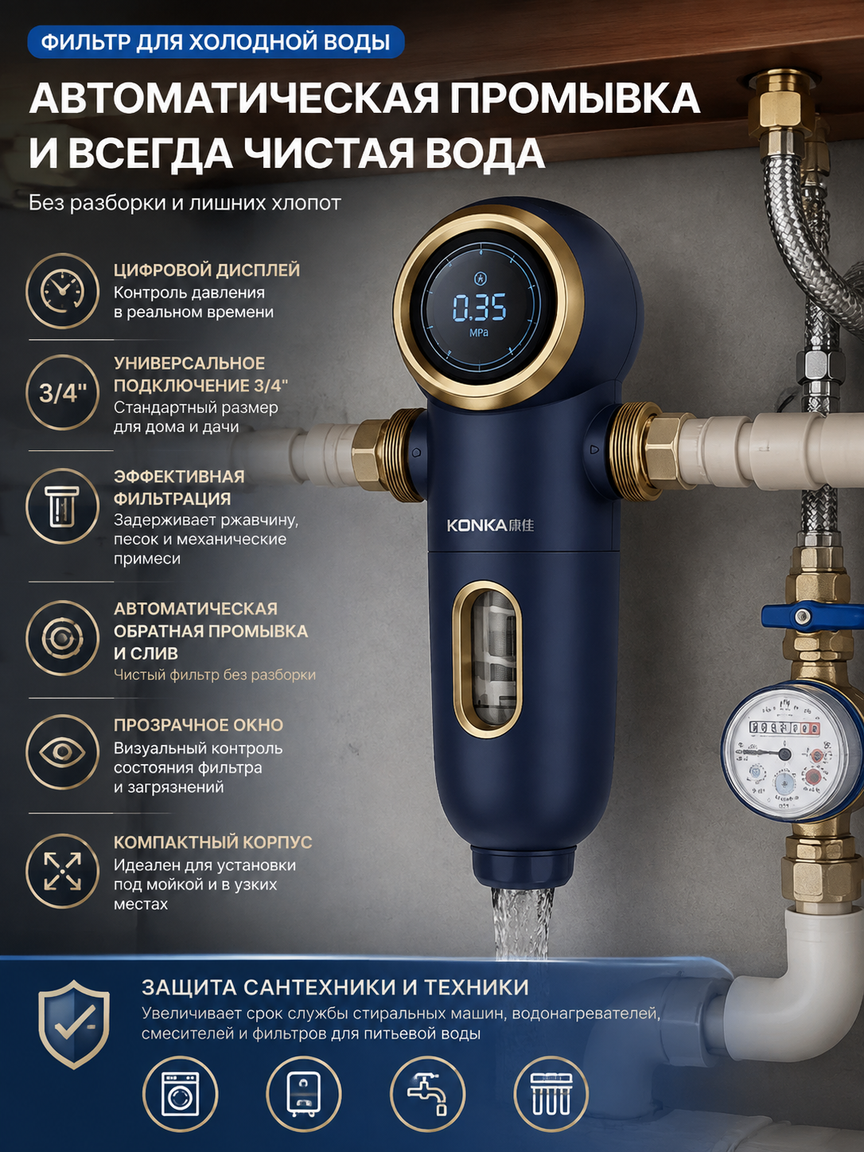 Самоочищающийся промывной фильтр для холодной воды 3/4 с автопромывкой, сливом и цифровым дисплеем