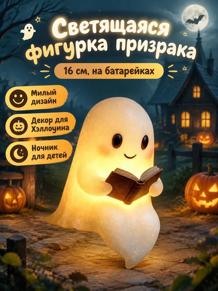 Фигурка светящегося призрака с книгой, 16 см, питание от батарейки