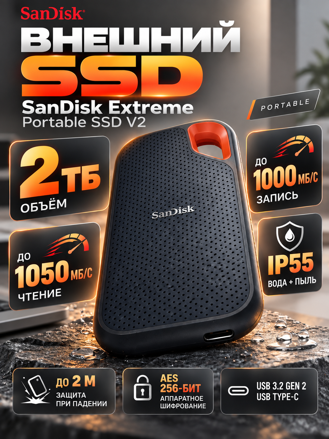 2 ТБ Внешний SSD SanDisk Extreme Portable V2, USB 3.2 Gen 2 Type-C, черный