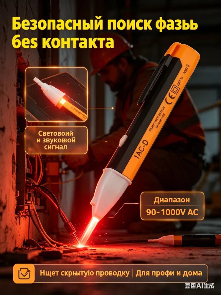 Бесконтактный тестер напряжения, 90-1000В - портативная индикаторная отвертка фазоискатель со звуковым сигналом, для поиска скрытой проводки