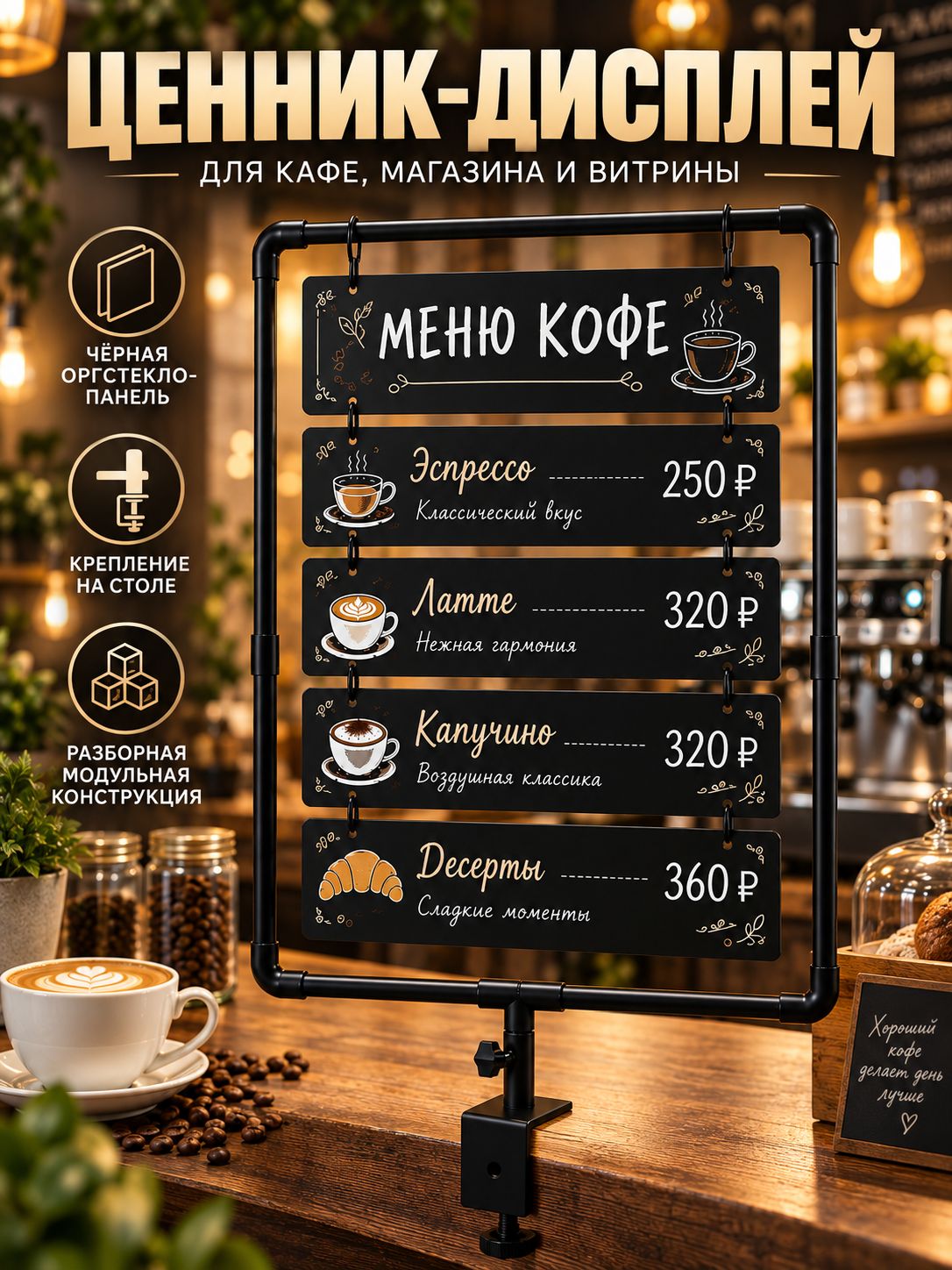 Ценник-дисплей настольный из оргстекла, модульная система для меню кофейни и продуктового магазина