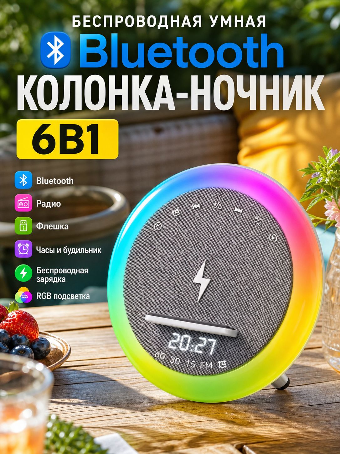 Bluetooth-колонка ночник с беспроводной зарядкой, RGB подсветкой, радио и часами, будильник