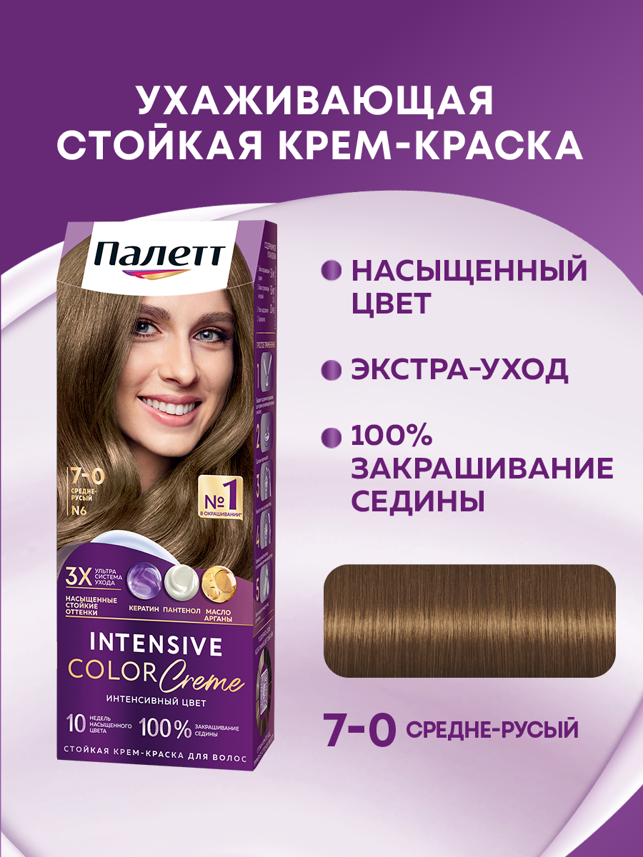 Палетт Стойкая крем-краска для волос Интенсивный цвет 7-0 Средне-русый, 110 мл