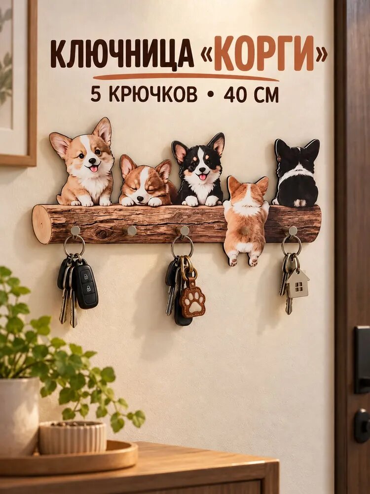 Ключница настенная «Корги на бревне» 5 крючков, акрил