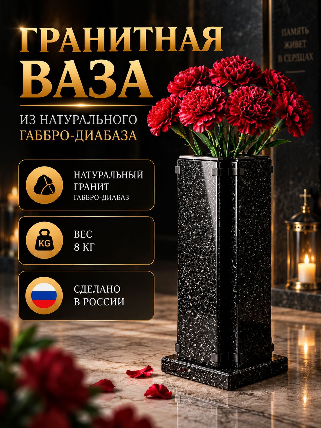 Ваза гранитная на кладбище, на могилу