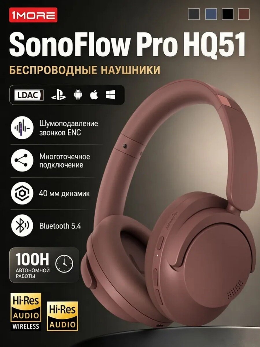 Наушники SonoFlow HQ51, коричневые, активное шумоподавление, Bluetooth 5.4, LDAC