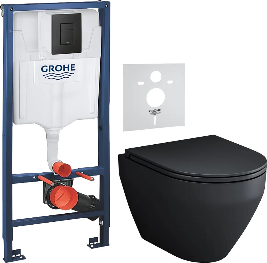 Комплект 3 в 1 Унитаз подвесной AM.PM Spirit V2.0 FlashClean, матовый черный / Звукоизоляция Grohe 37131000 / Инсталляция с кнопкой Solido 38811KF0 цвет черный
