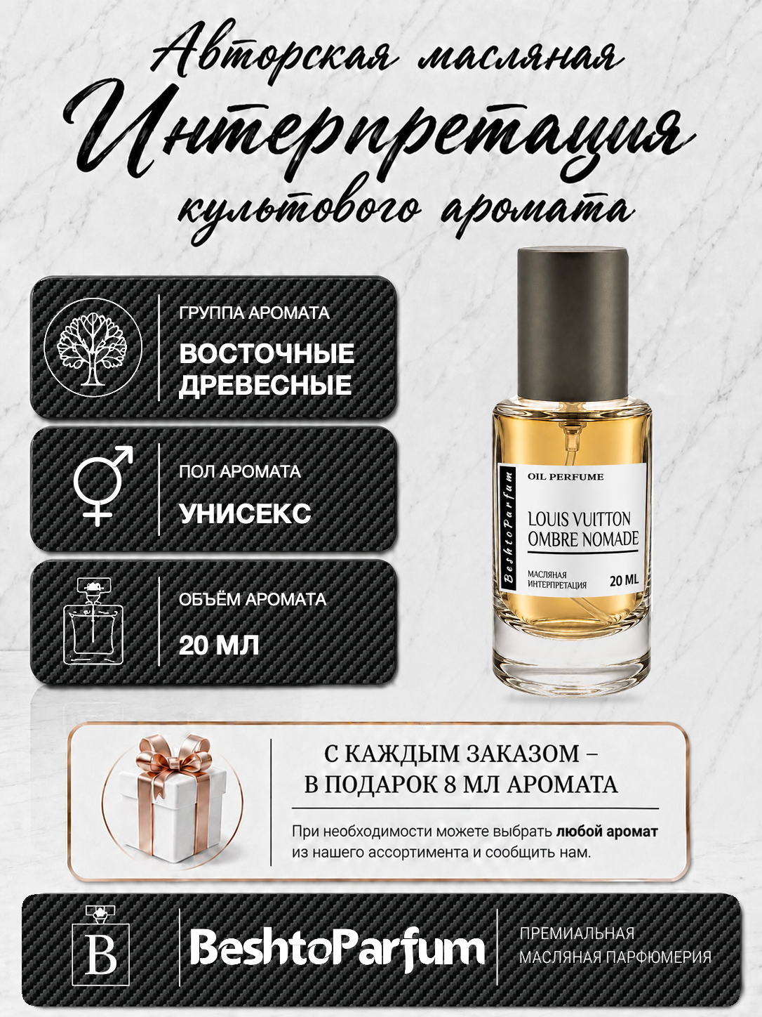 Духи унисекс масляные стойкие по мотивам Louis Vuitton Ombre Nomade / 20мл