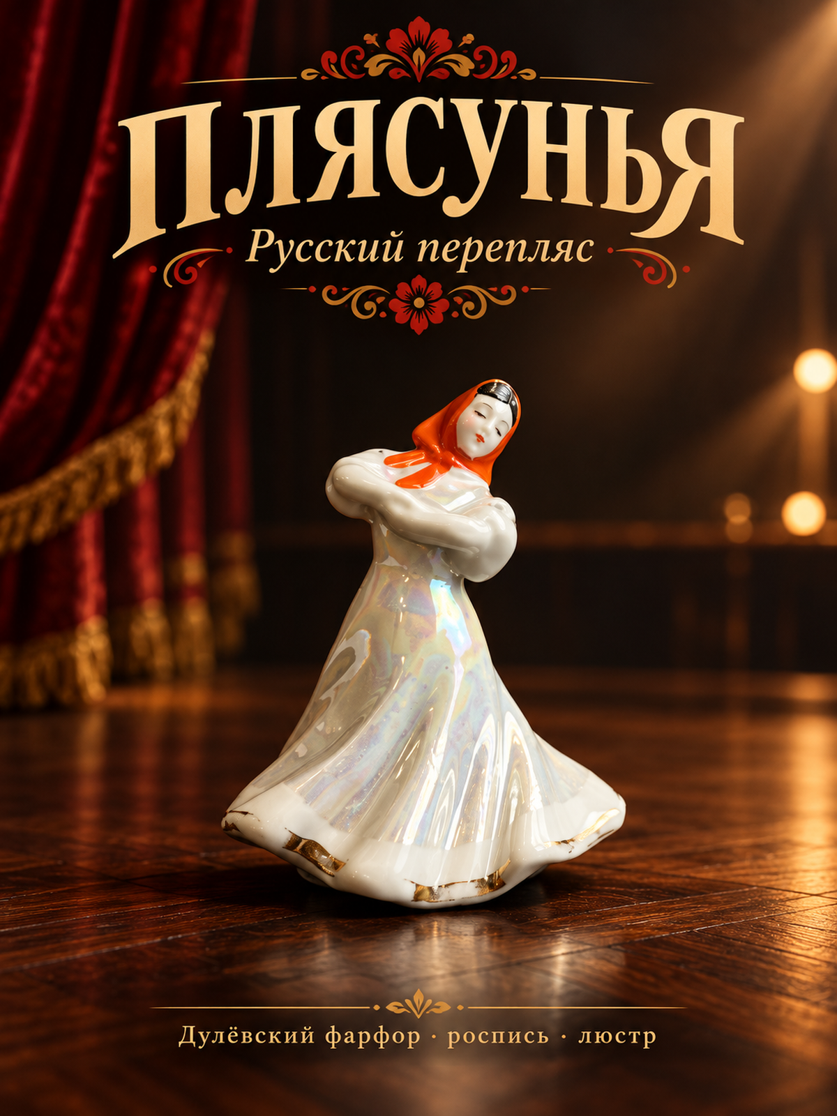 Статуэтка "Плясунья" (в оранжевом платке) из скульптурной композиции "Русский перепляс", автор А. Д. Бржезицкая, фарфор, роспись, люстр, золочение, Дулёво, СССР, 1964-1968 гг.
