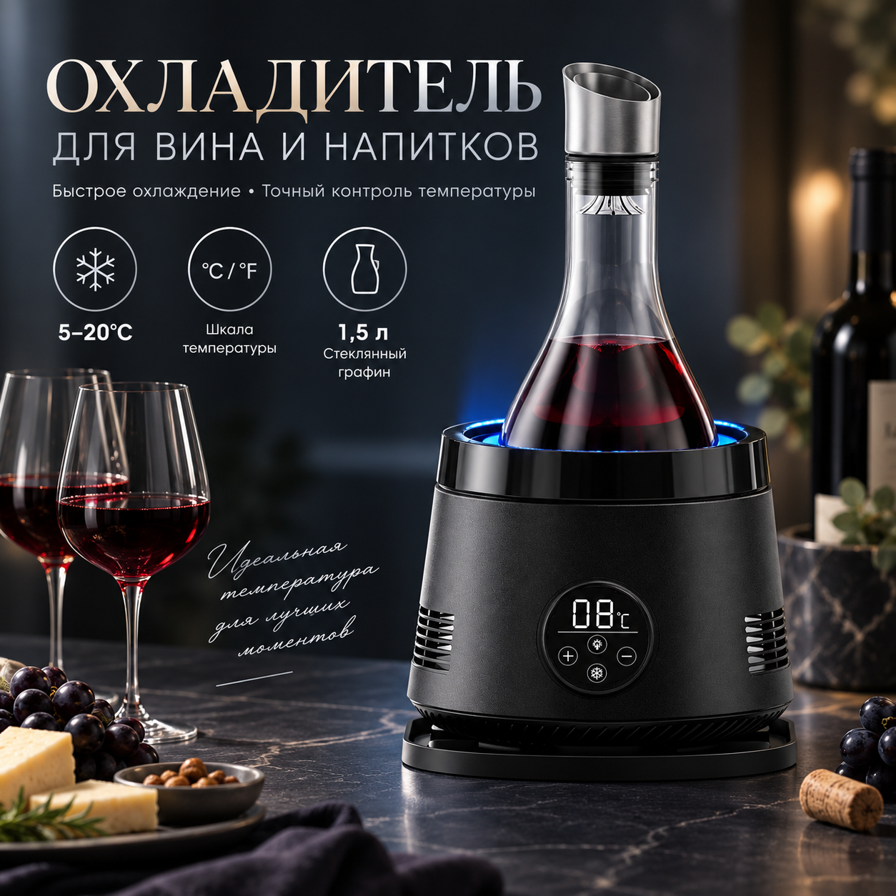 Электрический охладитель и аэратор для вина, графин-дозатор. black