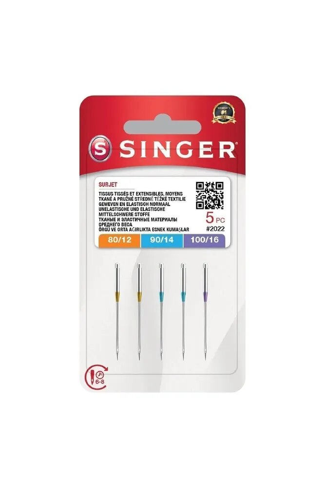 Набор игл для оверлока SINGER 2022 (12, 14, 16). Качественные универсальные иглы для любых типов тканей: от легких до плотных. Идеально подходят для оверлоков 14SH654, 14SH754, 14HD854 и дру