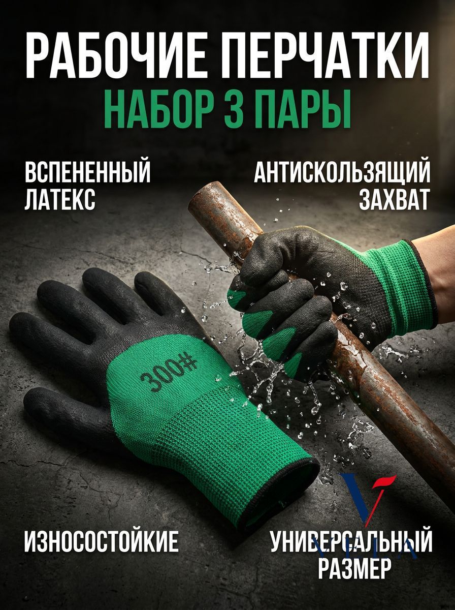 Рабочие перчатки вспененный латекс 3 пары универсальный размер 20-24 см противоскользящие морозостойкие для стройки сада гаража склада ремонта огорода
