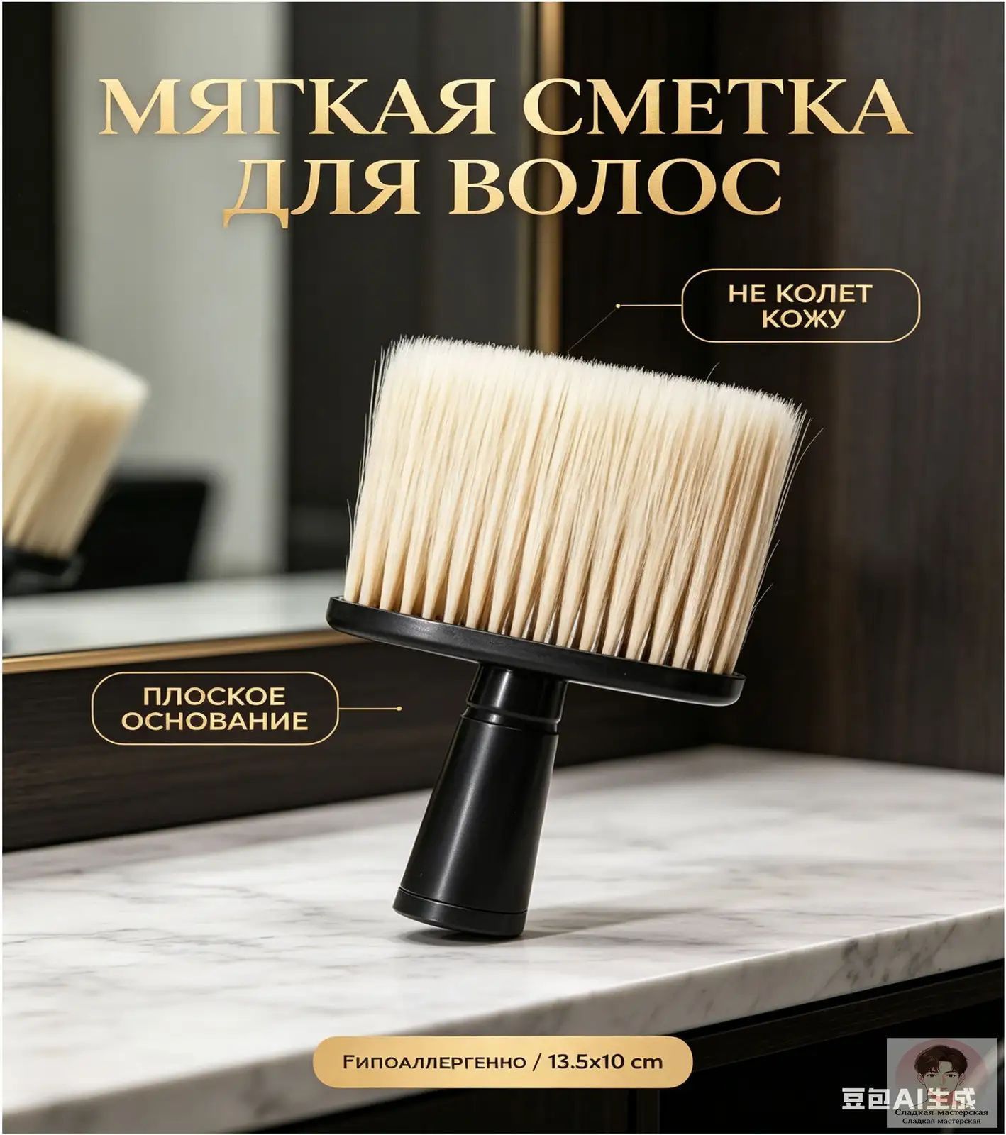 Сметка для волос парикмахерская 13.5cm*10cm , кисть для смахивания волос - мягкая щетина с заостренными кончиками, аксессуар для барбершопа и стрижки.