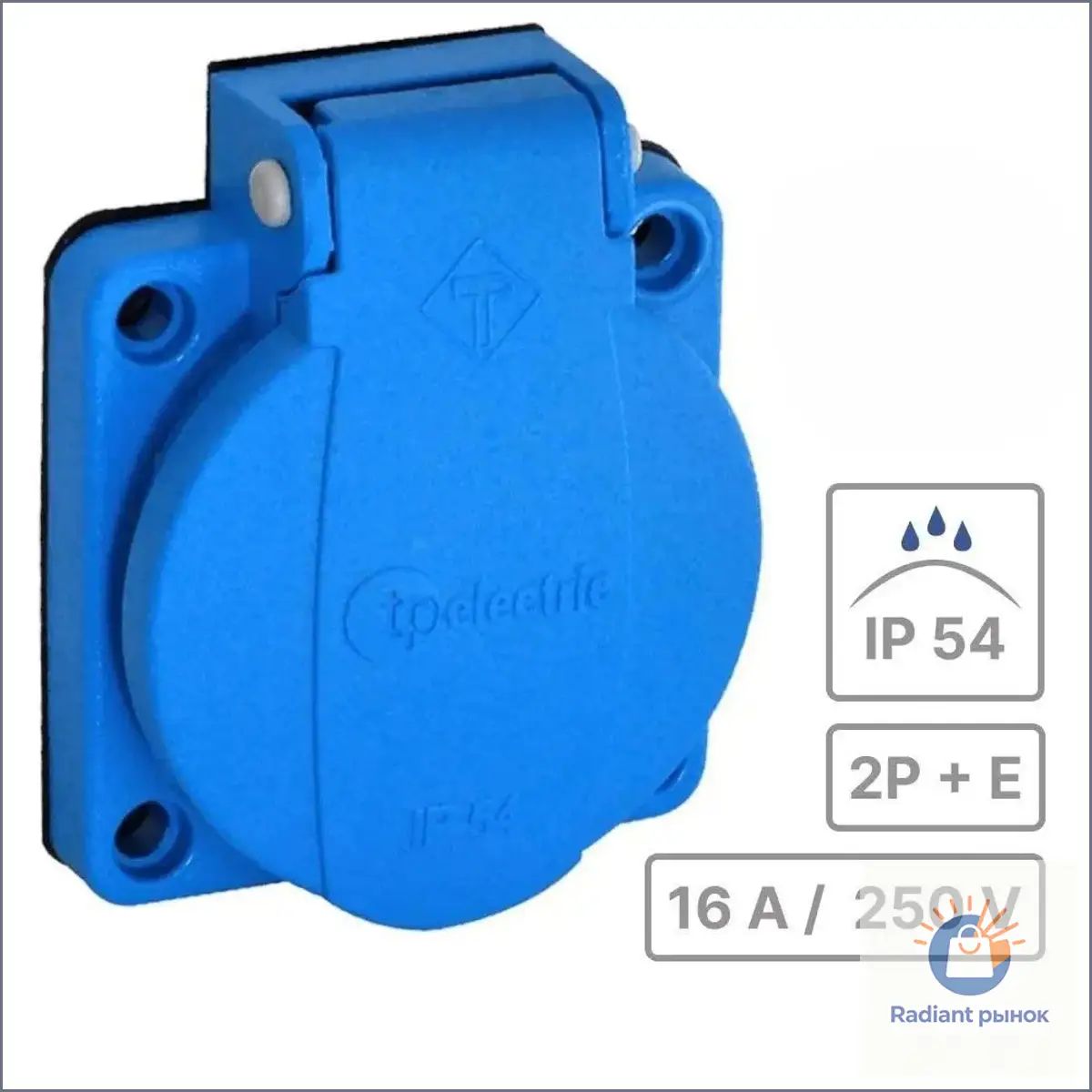 Розетка встраиваемая уличная с крышкой TP Electric SCHUKO 16А 2P+E 250V AC, IP54 влагозащищенная, синяя