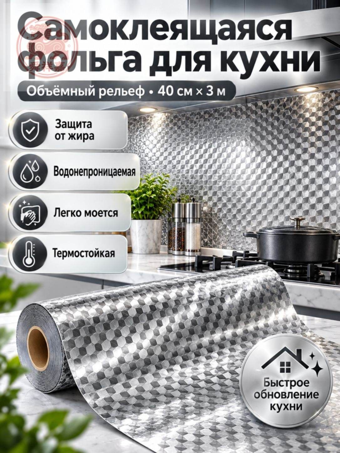 Самоклеящаяся пленка для кухни с рисунком в квадраты (усиленная), 40 см 3 м, алюминиевая фольга, водонепроницаемая и жаропрочная