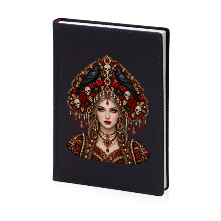 Ежедневник «Русская красавица; кокошник, черепа, вороны, ягоды» (темно-синий)