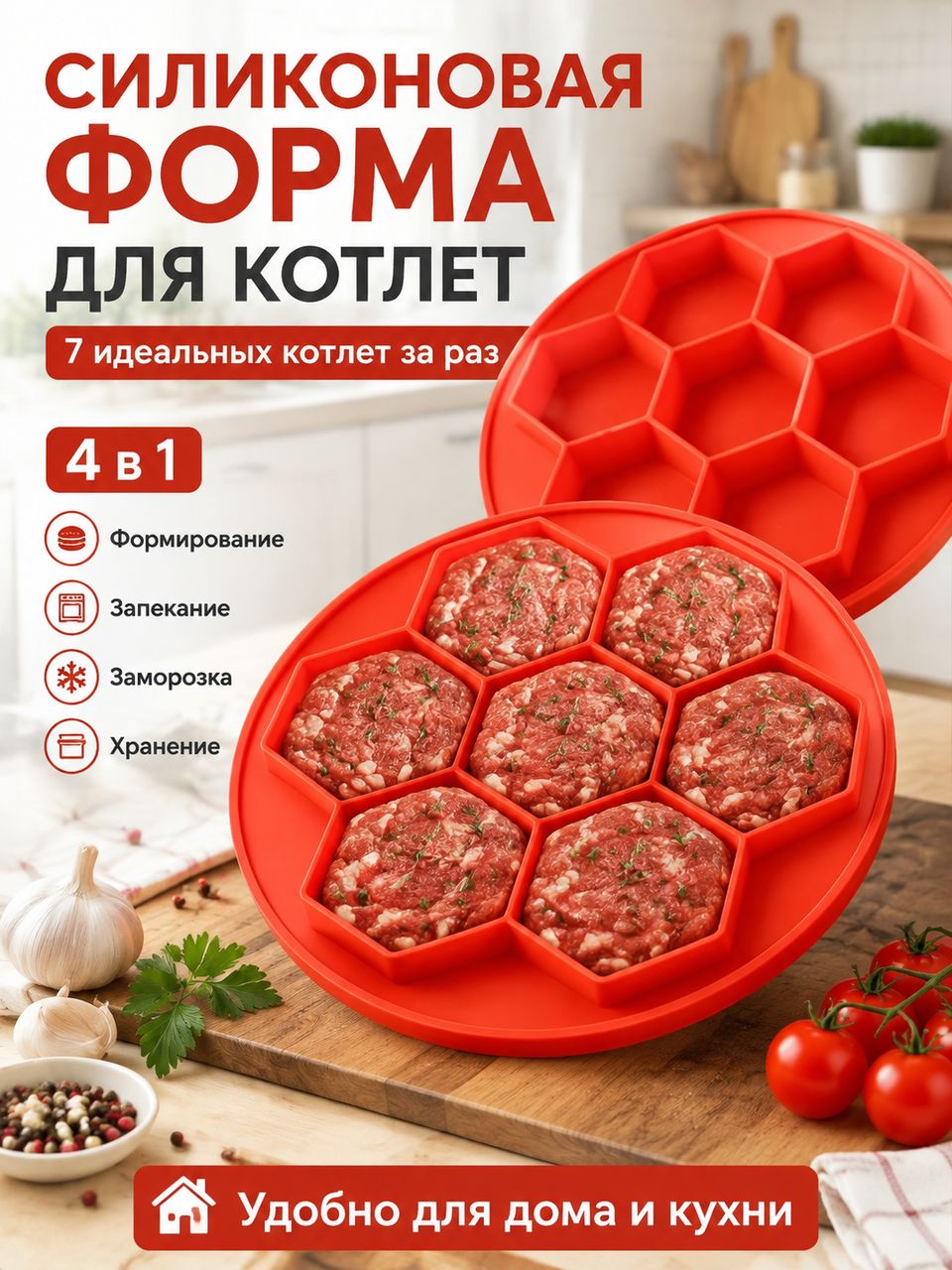 Форма для котлет силиконовая с прессом