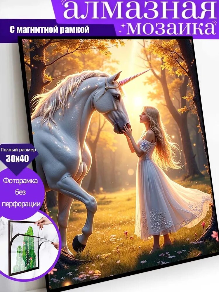 Алмазная мозаика, "Единорог и девушка" Размер холста 30Х40СМ, с рамкой