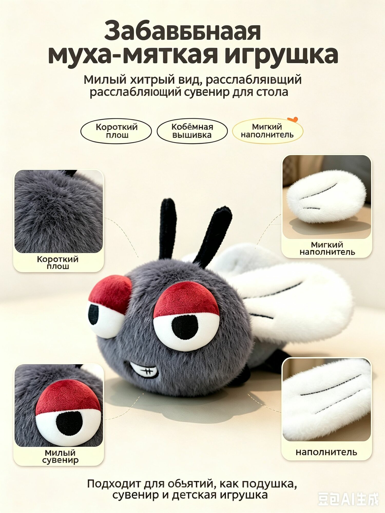 Плюшевая игрушка Муха, 23 см, серо-белая