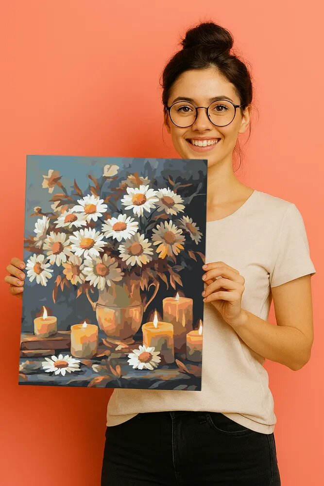 Картина по номерам на холсте с подрамником, 43 x 34 см, "Ромашки при свечах", натюрморт