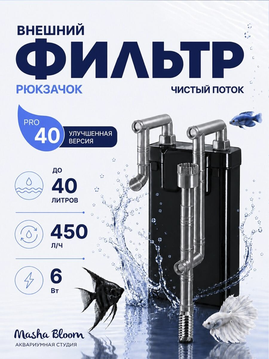 Фильтр рюкзачок для аквариума. MASHA BLOOM Чистый Поток 40 PRO. Фильтр рюкзачный 6 Вт.