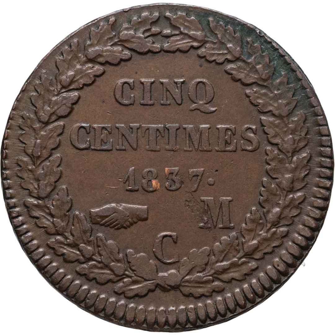 Монако 5 сантимов centimes 1837, Латунь, в сохранности XF-AU