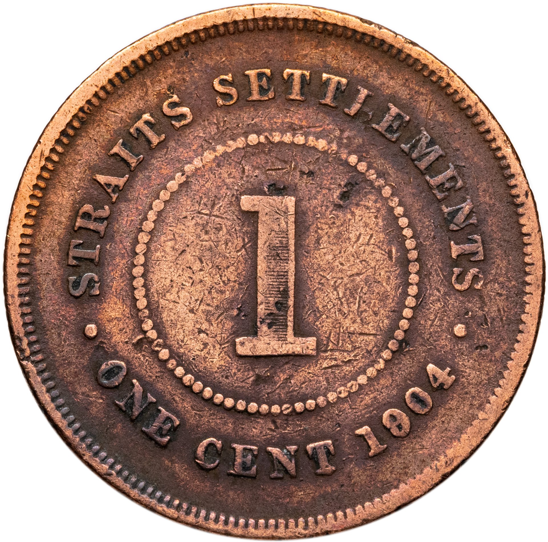 Стрейтс Сетлментс 1 цент cent 1904, Бронза, в сохранности F