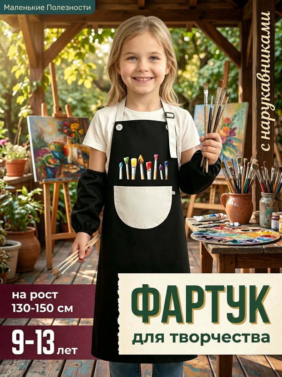 Фартук с нарукавниками черный для творчества и рисования, рост 130-146 см, Водонепроницаемый, легко моется