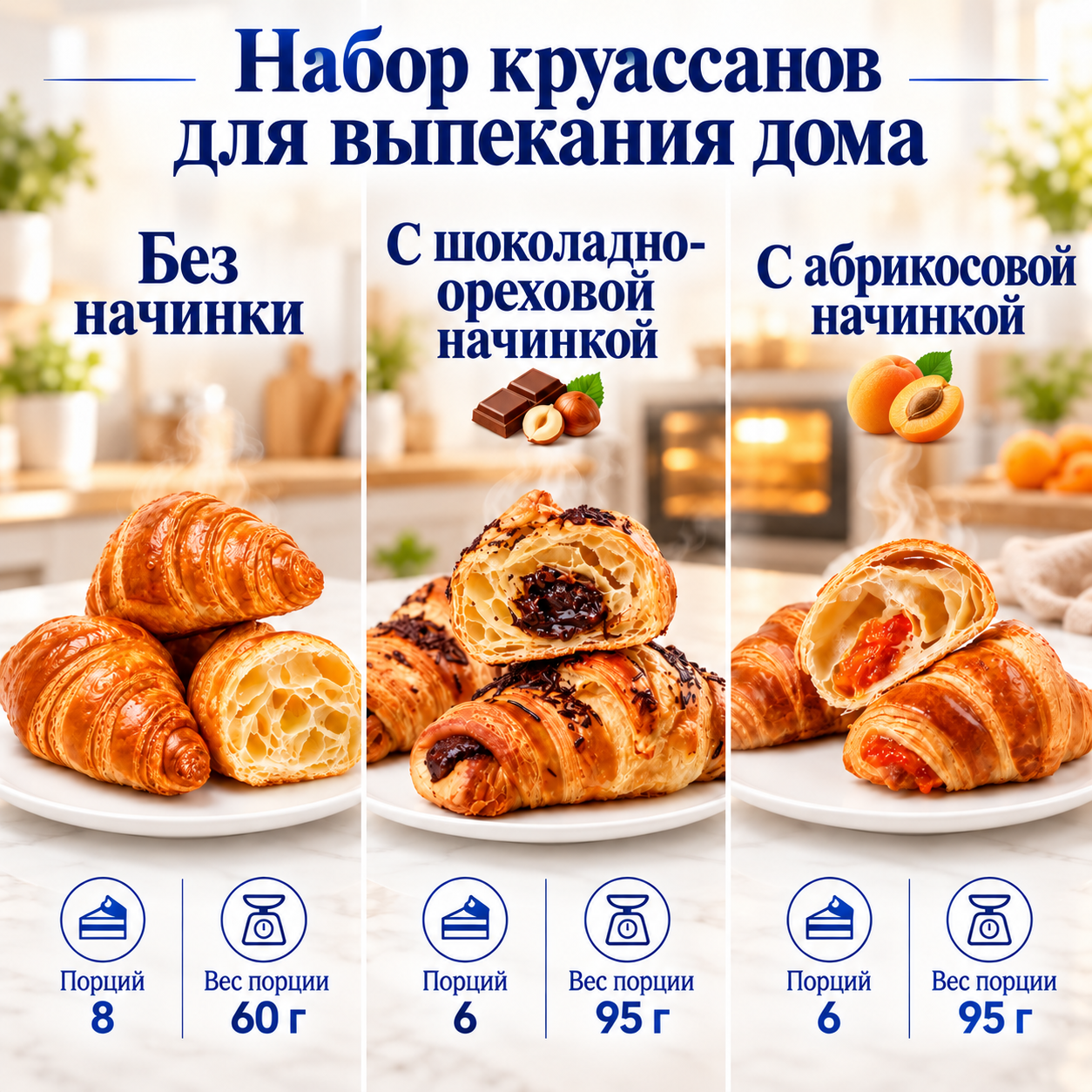 Набор круассанов, 3 вида: шоколадно-ореховые 570 г, абрикосовые 570 г, без начинки 480 г, замороженные для выпекания