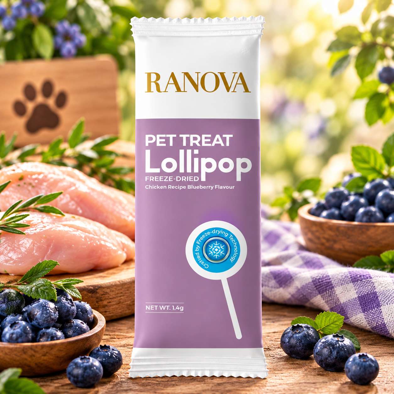 Лакомство Ranova для кошек сублимированное Леденец на палочке с черникой, 1 шт х 1,4 гр