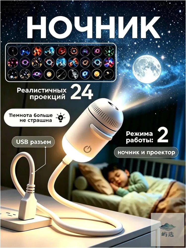 Премиум минипроектор Звездное небо с 24 слайдами в виде ночника