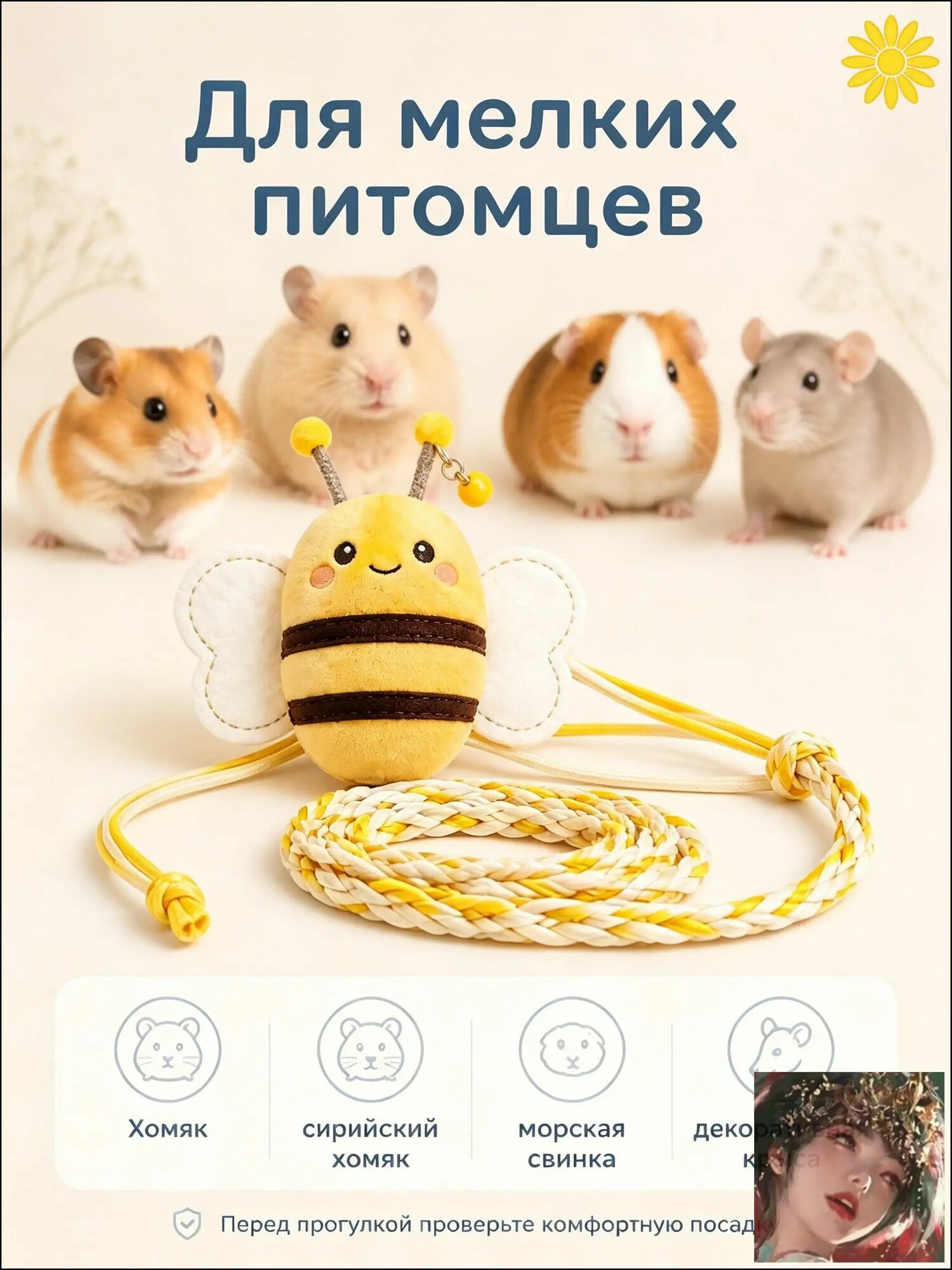 Шлейка-поводок для хомяка, сирийского хомяка, морской свинки и крысы, регулируемая, с защитой от побега, голубая, поводок 1,5 м