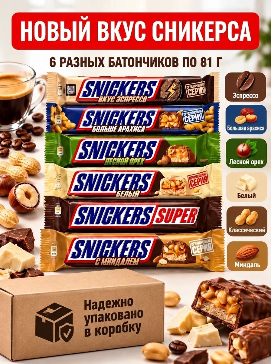 Сникерс 6 вкусов: эспрессо, классический, белый, лесной орех, миндаль, больше арахиса