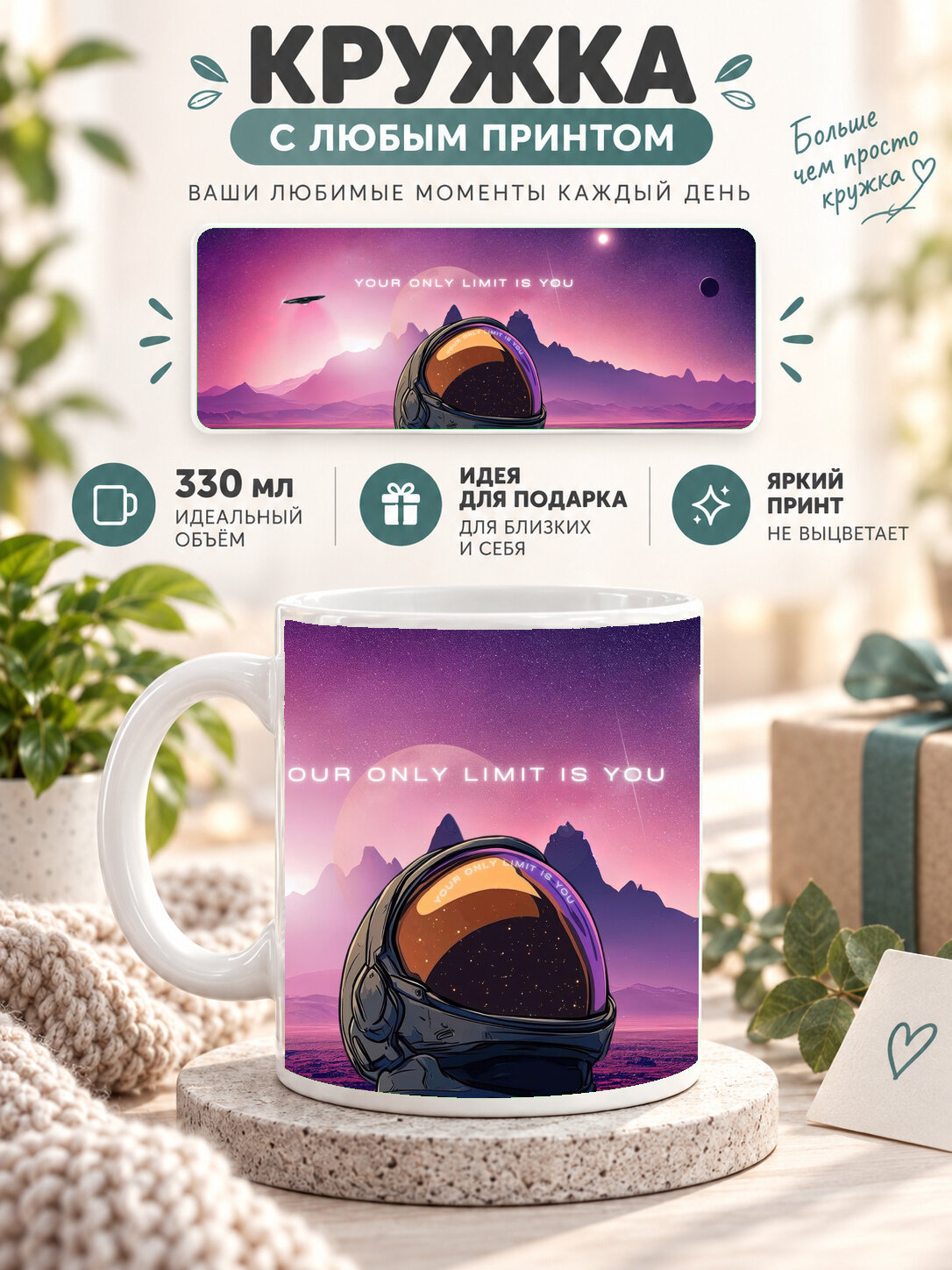 Кружка керамическая 330 мл белая с принтом Astronaut Helmet — Space Quote Art, для чая и кофе