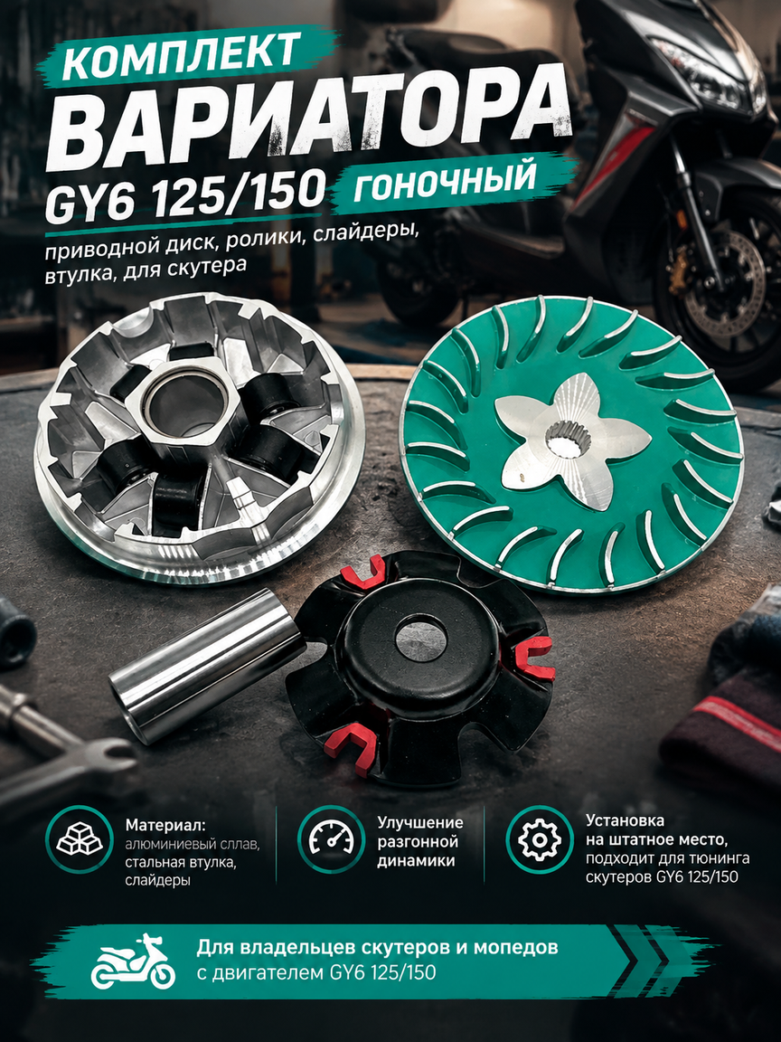 Комплект вариатора GY6 125/150 гоночный: приводной диск, ролики, слайдеры, втулка, для скутера