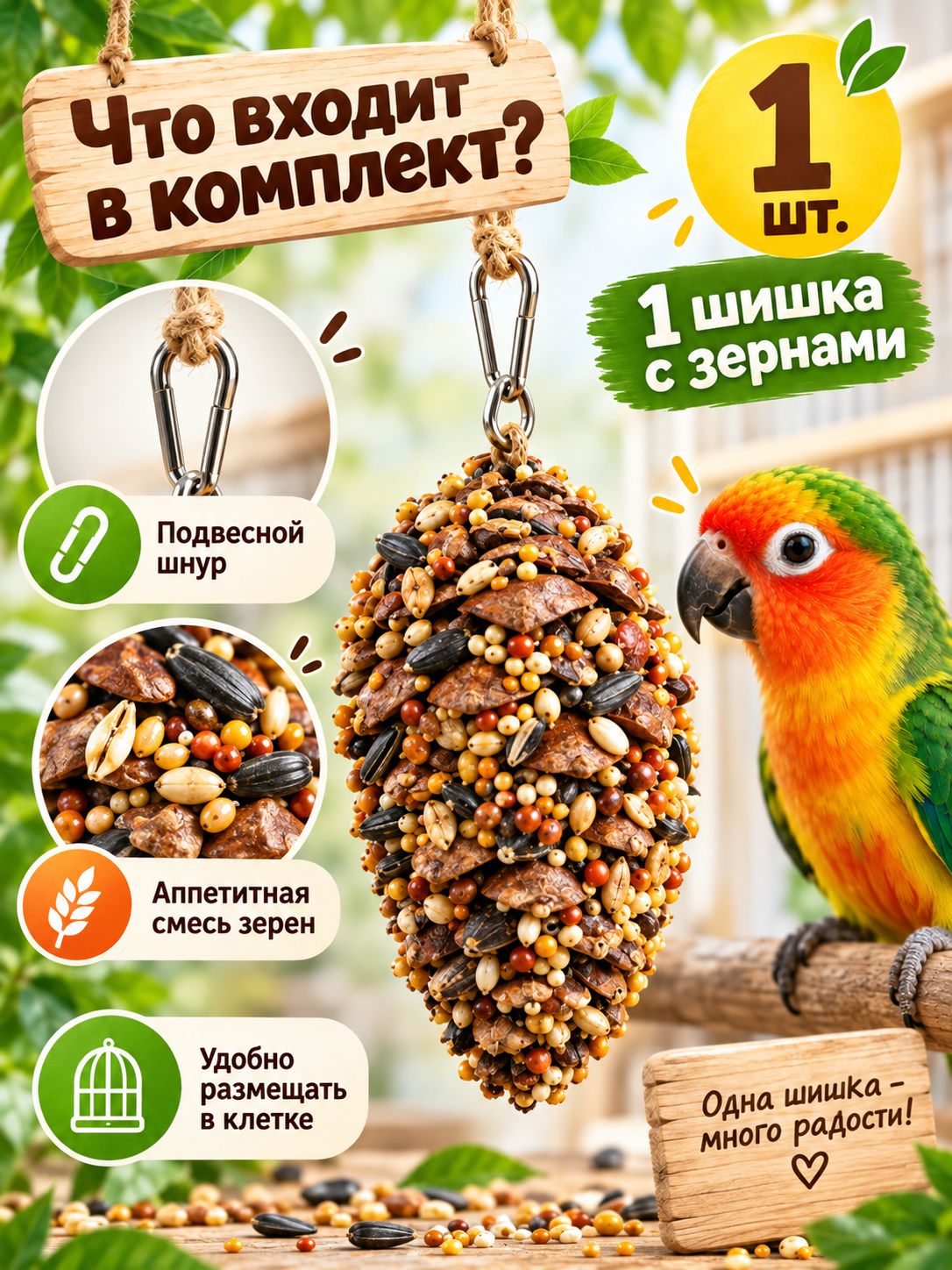 Шишки с зернами для грызения попугаев, 1 штуки, для мелких и средних пород, игрушка-лакомство для стачивания клюва