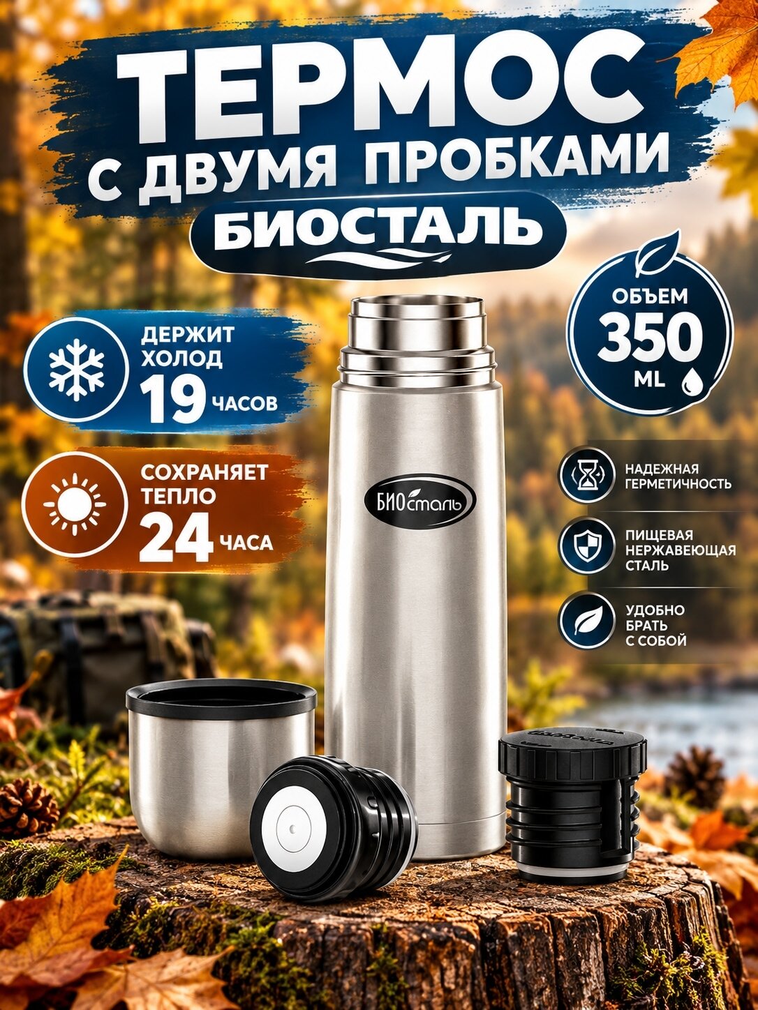 Термос из нержавеющей стали для чая 350мл детский в школу Биосталь. 2 пробки.
