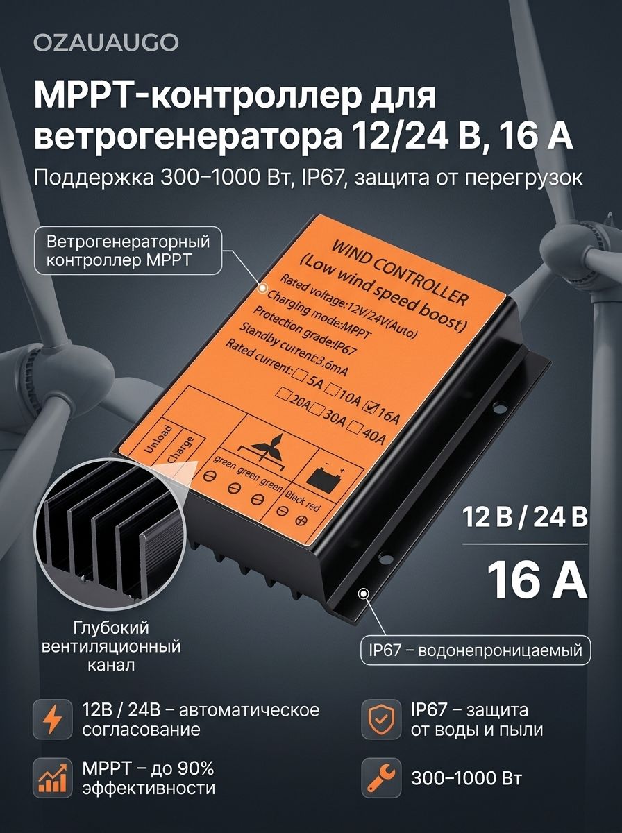 Контроллер ветряной турбины 12В/24В, 300W-1000W, MPPT 16A, с повышающим преобразователем, алюминиевый сплав, IP67, многоцветный