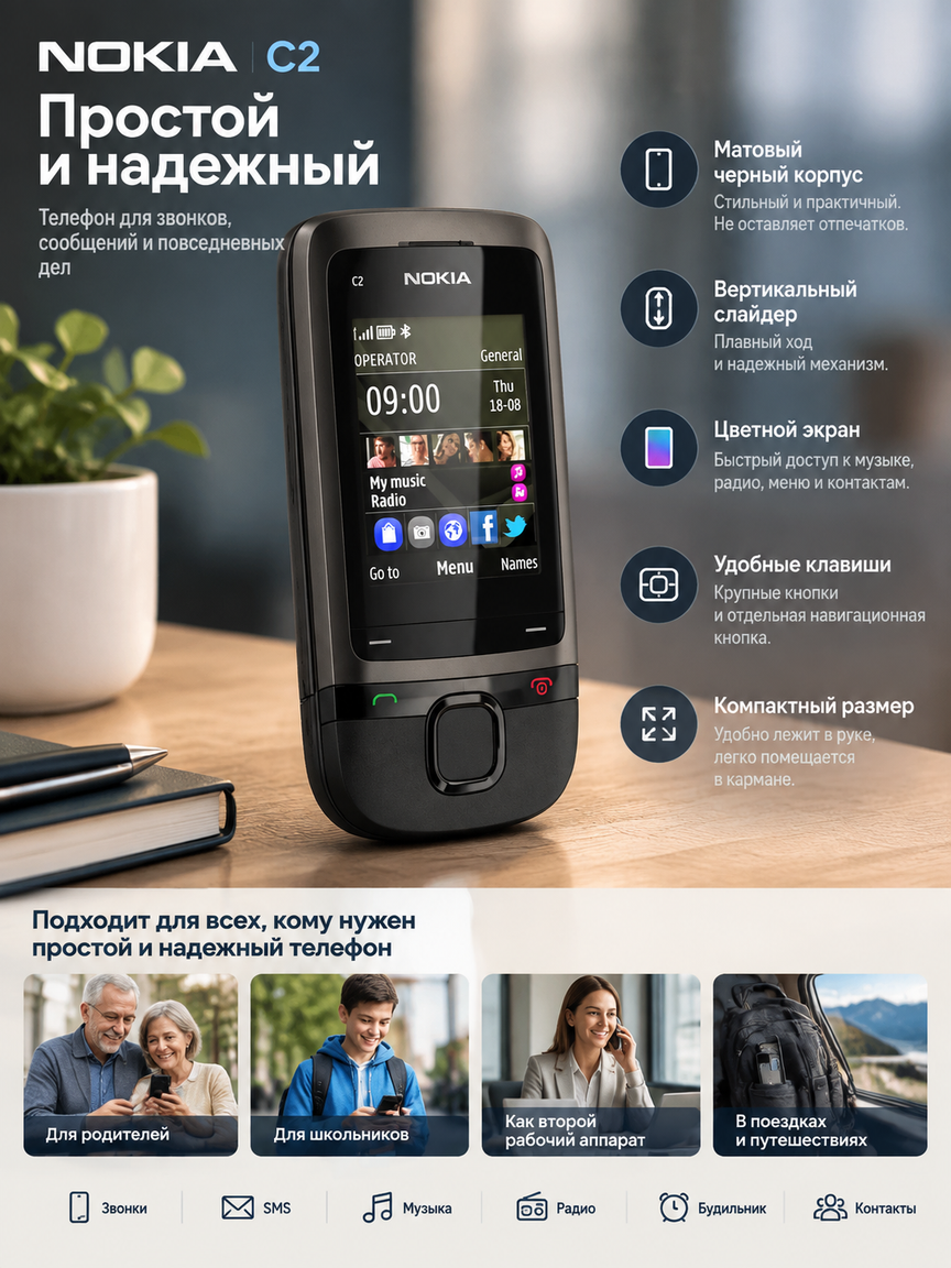 Слайдер мобильный телефон (раскладушка) с матовым черным корпусом, цветным экраном и кнопками