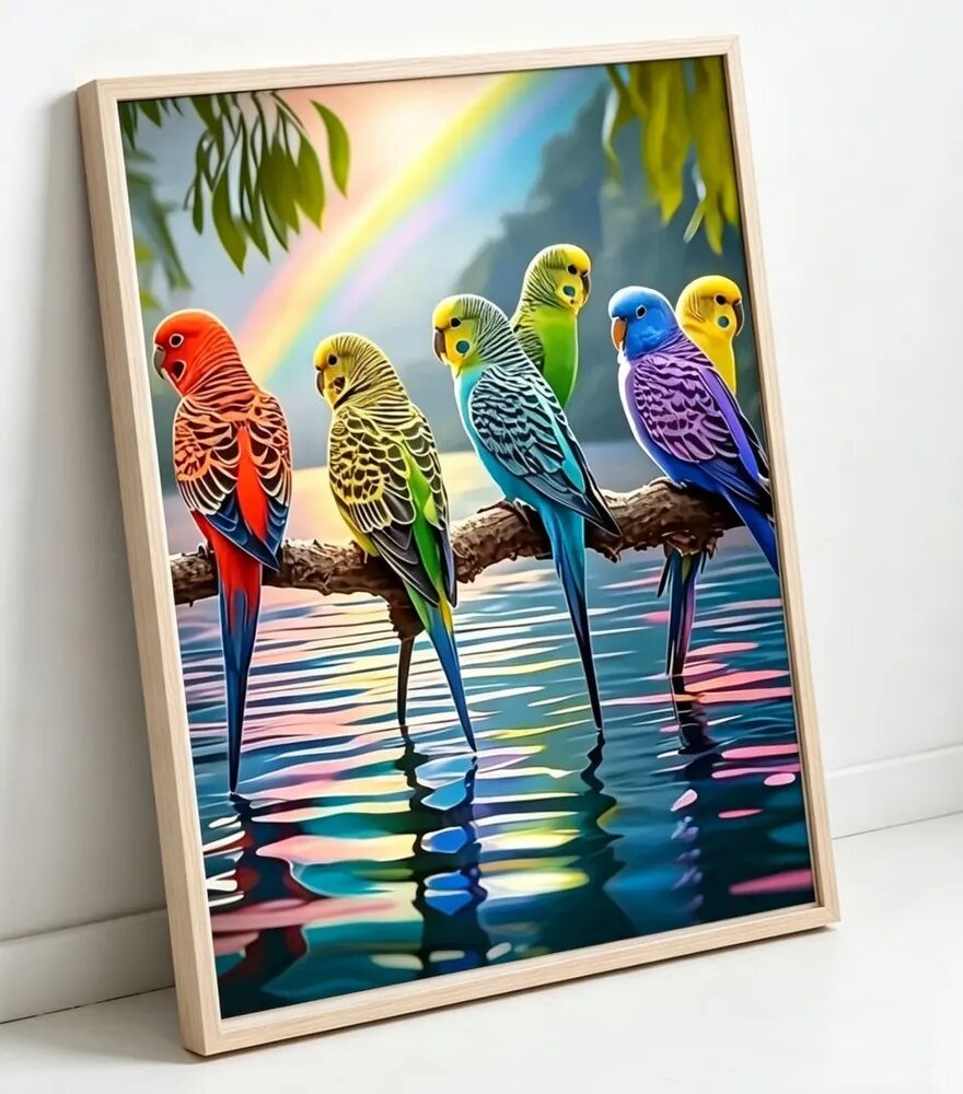 5D алмазная мозаика в рамке 30X40 CM "Яркие волнистые попугаи на фоне радуги" / Полная вышивка / Загадочный сюжет