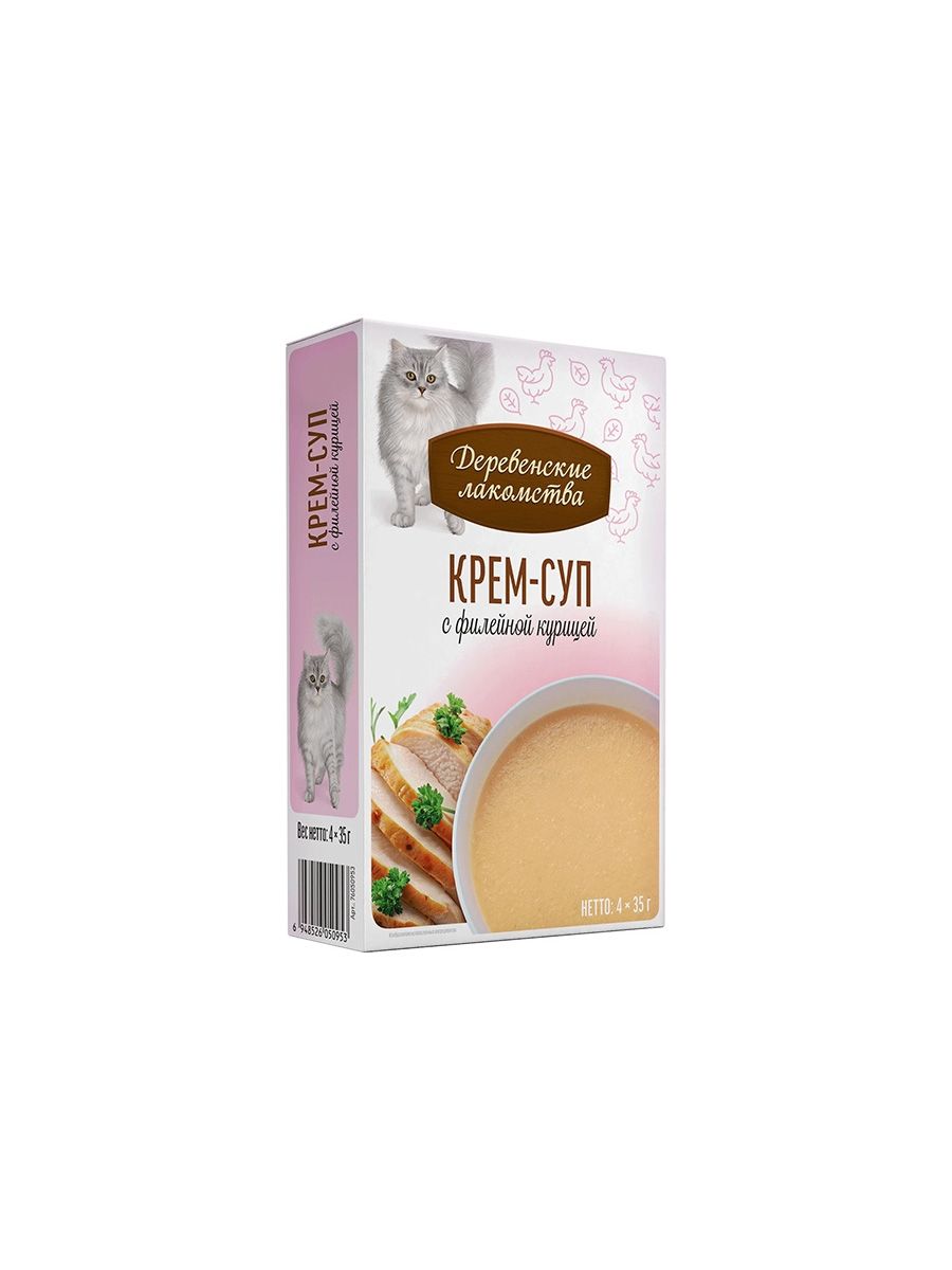 Деревенские лакомства Крем-суп для кошек с филейной курицей, 4шт х 35 гр