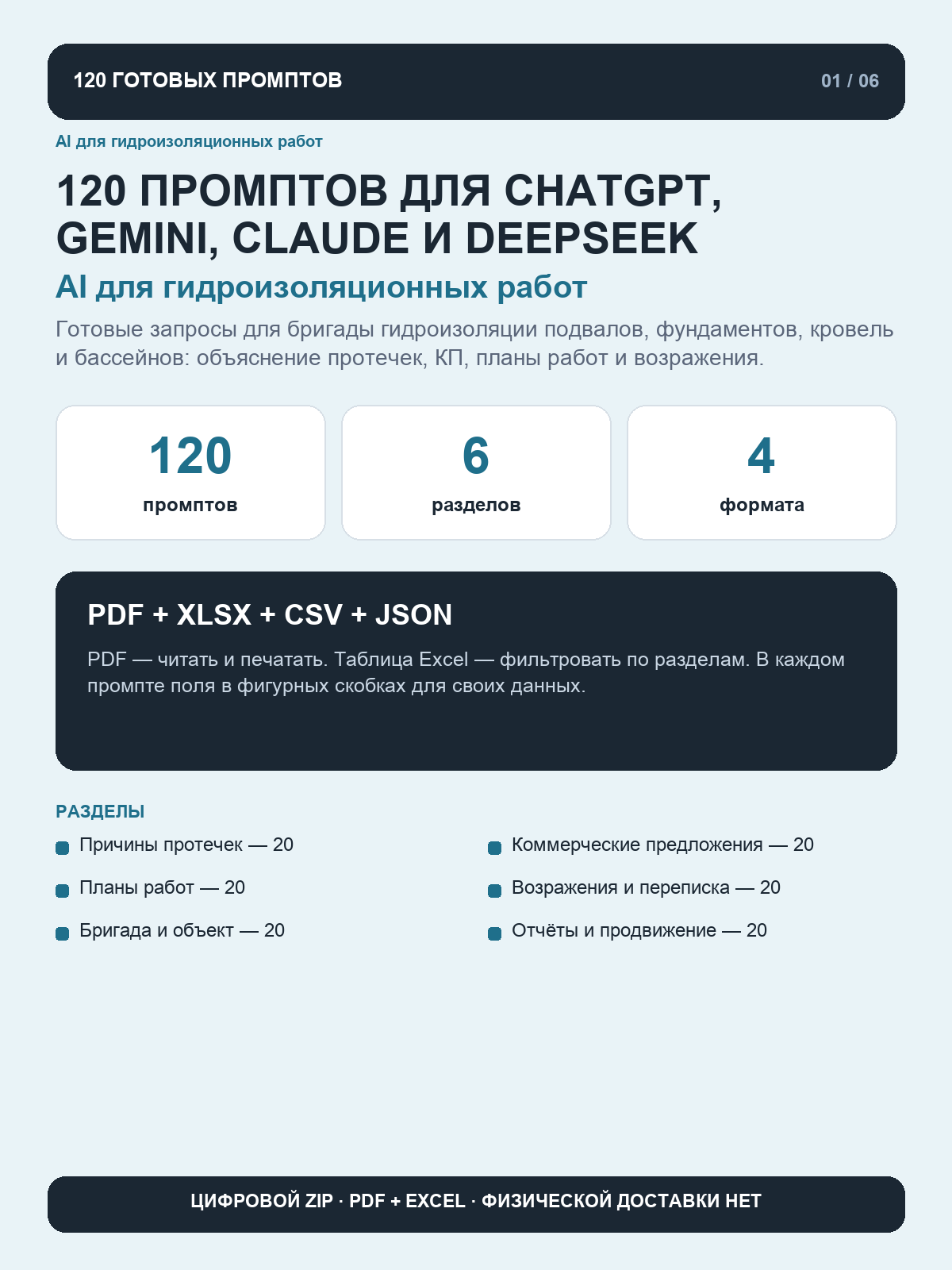 AI для гидроизоляционных работ: 120 промптов для ChatGPT, Gemini, Claude и DeepSeek, цифровая книга PDF A4