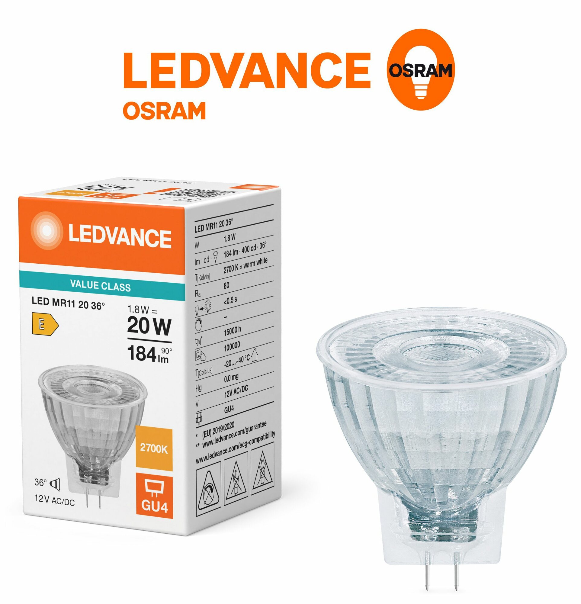 1шт/уп. Лампа LED Софит 1.8W 12V GU4 MR11 184Лм 2700К Угол 36 град. D-35mm L-38mm Диммируемая Свет Теплый белый LED Star MR11 DIM OSRAM-LEDVANCE, уп. 1шт
