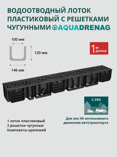 Изображение товара Лоток водоотводный пластиковый Aquadrenag ЛВП Classic AQD DN100 H120 с решеткой чугунной RAIN FOREST и крепежом, кл. С250