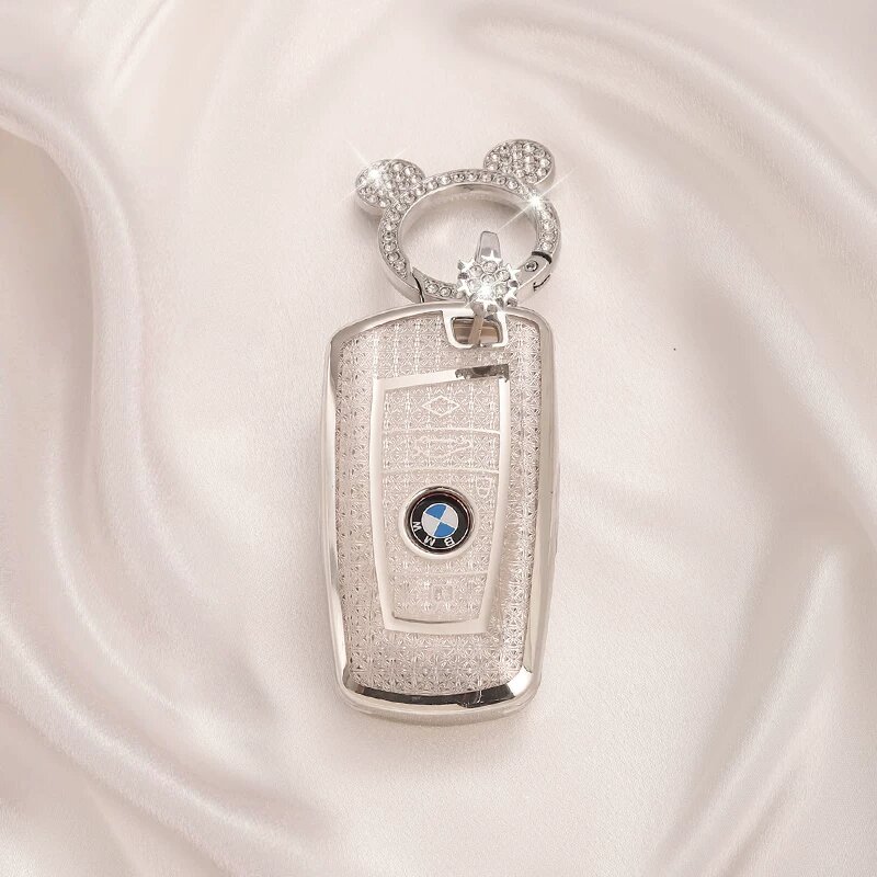 Чехол для ключа BMW кристально-белый с снежинкой и диамантовым кольцом Микки